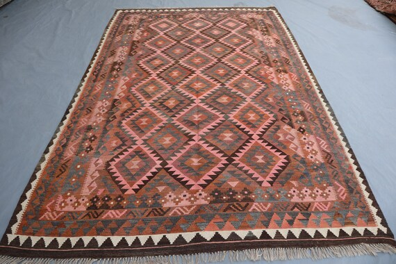 7x10 Vintage Kilim Rug, Afghan Vintage Area Rug, veg dyes Handmade Wool Rug, Terracotta Antique Rug, Large Kilim Rug, Rug for Living room