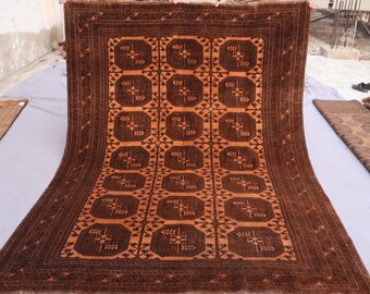 1920s Antique 6'5x8'7 ft Terracotta Afghan Handmade Wool rug, Turkmen Tribal Ersari, Low Pile faded Carpet, Bedroom, Distressed Oriental Rug