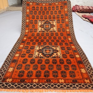 3&#39;3x6&#39;3 ft Orange Antique Rug Afghan Handmade low pile Wool Tribal Rug, Geometric Baluchi Rug, Oriental Turkmen Rug, Bedroom Living Room Rug