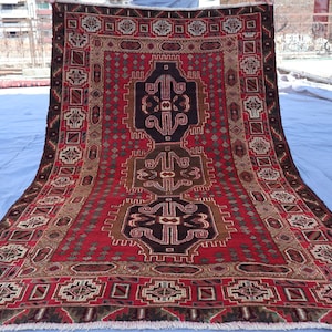 3&#39;5x6 ft One of a kind Vintage Rug Tribal Area Rug, Brown Red Geometric rug, Hand Knotted Wool Rug, Afghan Baluchi Rug, Bedroom, Kitchen Rug
