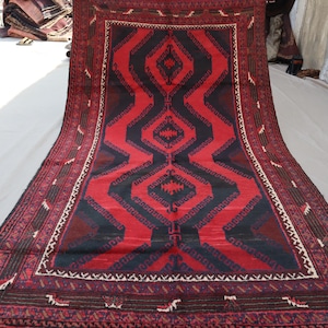 4&#39;5x8 ft Antique Geometric Rug - Black Red Vintage Afghan Hand Knotted Soft Pile Wool Area Rug, Living Room Rug, Tribal Baluch Caucasian rug