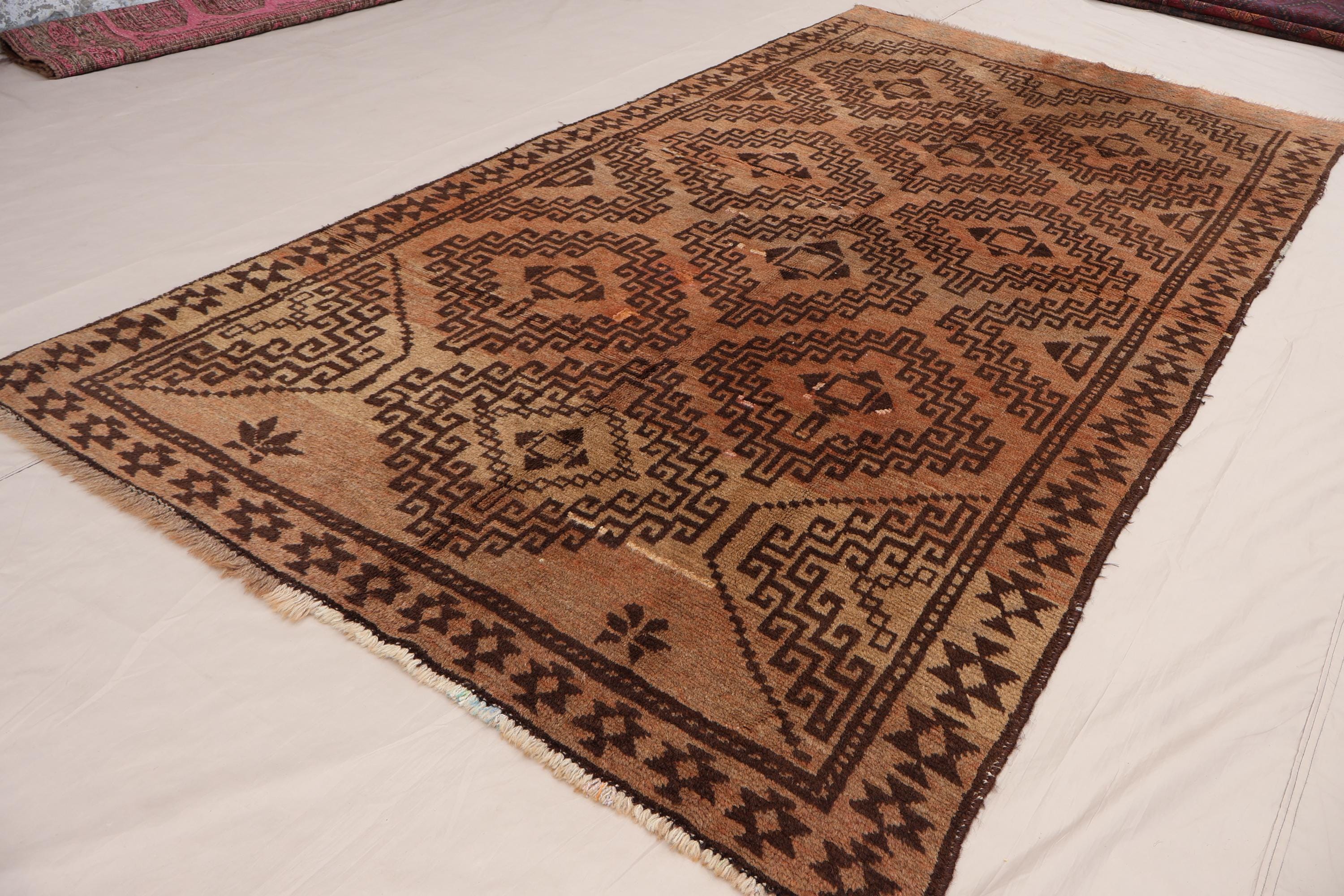 Terracotta Vintage Rug 5x9'6 Turkmen Geometric Design 1940s