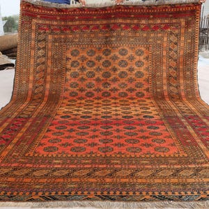 1920s Antique Rug 7x9 Terracotta Faded Afghan Tribal Bukhara Rug, Turkmen Handmade Wool Oriental Rug, Low Pile Distressed Rug, Bedroom Rug