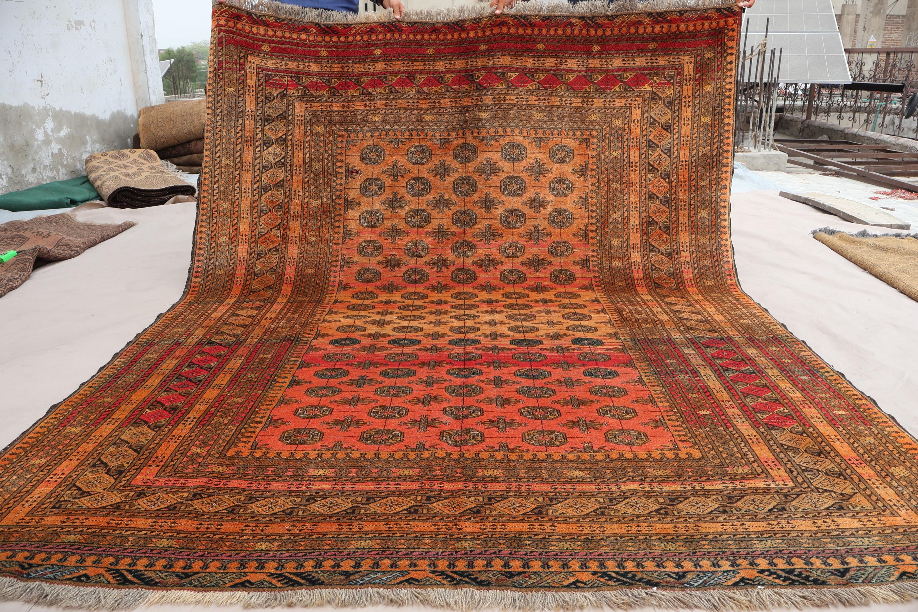 1920s Antique Rug 7x9 Terracotta Faded Afghan Tribal Bukhara Rug, Turkmen Handmade Wool Oriental Rug, Low Pile Distressed Rug, Bedroom Rug