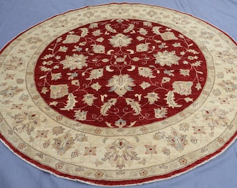 8x8 ft Red Round Rug, Large Square Rug, Hand Knotted Wool Rug, Afghan Zeigler Oushak Rug, Oriental Rug, Living Room Rug, Dining Table Carpet