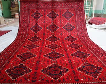 Groot tapijt, 10,4 x 6,7 voet, Afghaans handgemaakt wollen tapijt, oosters rood bukharatapijt, Turks boho buitenrood, woonkamertapijt, 7 x 10 Afghaans tapijt