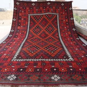8x13 Afghan Geometric Kilim Rug, Handmade Wool Rug, Turkmen Flatweave Boho Kilim Rug, Oriental Vintage Rug, Tribal Area Rug, Living Room Rug