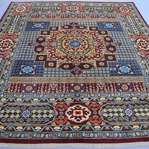 8x8 Square Area rug - Super fine Afghan Hand Knotted veg dyes Soft Wool Medallion Turkish Square Rug - Geometric Rug - Dining Table Carpet