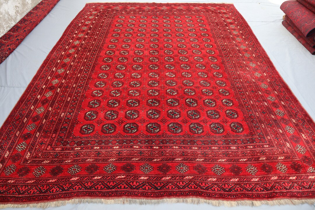 9x11 Large Vintage Bokhara Rug, Afghan Hand Knotted High Pile Wool Rug, Turkmen Red Rug