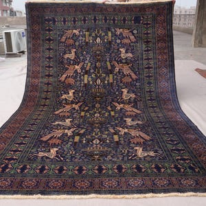 One of a kind Rug 6x9&#39;6 ft Hunting Piece Navy Blue rug, Afghan Tribal Baluchi Rug, Handmade Wool Rug, Animal Birds Floral Vintage Area Rug