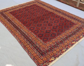 1940s Antique Terracotta Rug 5x7 Afghan Hand Knotted Wool Rug Soft Pile Rust Red Rug, One of a kind Rug, Geometric Rug, Bedroom Rug 4'10x6'6