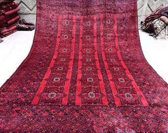 7'6x10'6 ft Large Vintage Rug, Fine Turkmen Handmade veg dyes Wool Geometric Bukhara Rug, Afghan Oriental Antique Red Rug, Living Room Rug