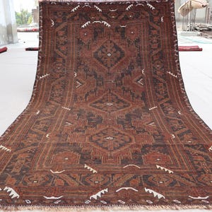 1960s Antique Rug 3&#39;7x6&#39;5 ft Afghan Handmade Vintage Low pile Wool Rug, Geometric Caucasian design Baluch Brown Rug, Kitchen Rug Bedroom Rug