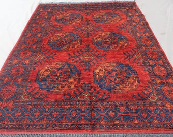 Afghan Rug 4x6 Red Area Rug Tekke Ersari Rug, Elephant foot design rug, Handmade Wool Rug, Tribal Turkmen Rug, Oriental Rug, Living Room Rug