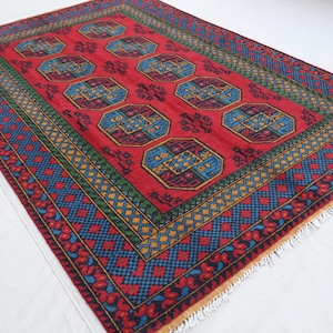 5x8 Red Afghan Rug Turkmen Tribal Ersari Rug, Hand Knotted veg dyes Wool Oriental Rug, Traditional Area Rug, Bedroom Rug, Living Room Rug
