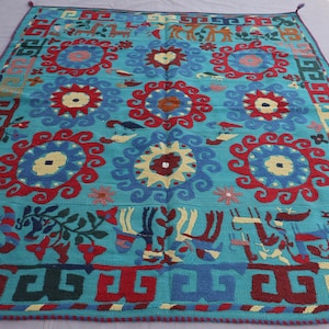 5&#39;2x6&#39;1 ft Embroidery Area Rug, Turquoise Antique Uzbek Suzani Rug, Handmade Tapestry Pictorial, Oriental Vintage Carpet, Wall Hanging Rug