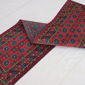 2&#39;5x9&#39;5 ft Runner Rug Turkmen Handmade Plush Wool Rug, Afghan Oriental Rug, Red Green Terracotta Rug, Tribal Bukhara Rug Hallway Runner