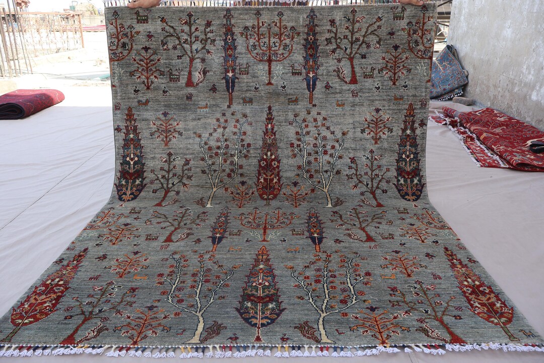 Natural Rug 5x6'4 Ft Tribal Pictorial Rug, Gray Afghan Hand Knotted Veg ...