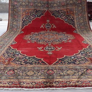 Large 9x13 Caucasian Antique Rug, 8&#39;9x12&#39;9 ft Hand Knotted Wool Medallion Rug, Red Vintage Oriental Rug, Rug for Living Room, Bedroom Carpet