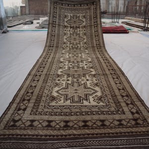 1960s Antique 4x12 ft Wide Runner rug - Afghan Handmade distressed faded muted Vintage low pile Wool Geometric runner rug, Rug, Foyer Runner