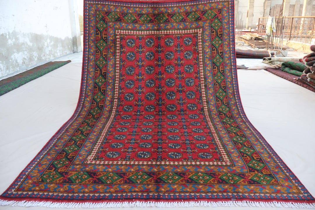 5x8 Bukhara Rug Afghan Hand Knotted Veg Dyes Wool Area Rug, Turkmen ...