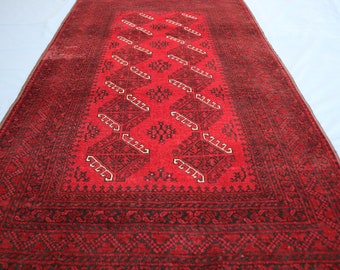 3'6x6'0 ft Vintage Turkmen Bokhara Area Rug, Afghan Handmade Wool Faded Antique rug, Oriental Red Afghan Rug, Bedroom Rug, Living Room Rug