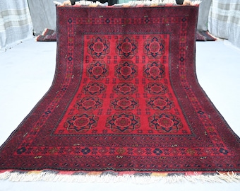 Tapete vintage 5x7, tapete afegão geométrico caucasiano antigo vermelho, tapete oriental, tapete de lã de pelo alto desbotado feito à mão, tapete para sala de estar