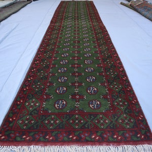 13 ft Runner Rug Dark Green Turkmen Hand knotted Veg dyes Wool Runner Rug, Afghan Oriental Rug, Long Hallway Runner Rug - Kitchen runner Rug
