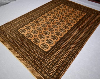 1940s Antique Rug 7x10 Dark Terracotta Faded Low pile Wool Rug, Afghan Handmade Rug, Oriental Bukhara Rug, Turkmen Tribal Area Rug, Bedroom