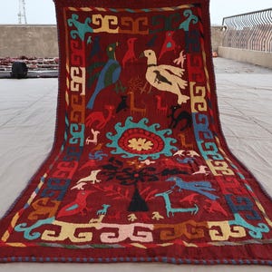 Birds 2&#39;7x5&#39;7 ft Antique Uzbek Suzani Wall Decor Textile, Pictorial Fabric Embroidered Area Rug, Vintage Tapestry Hand Woven Flatweave Kilim