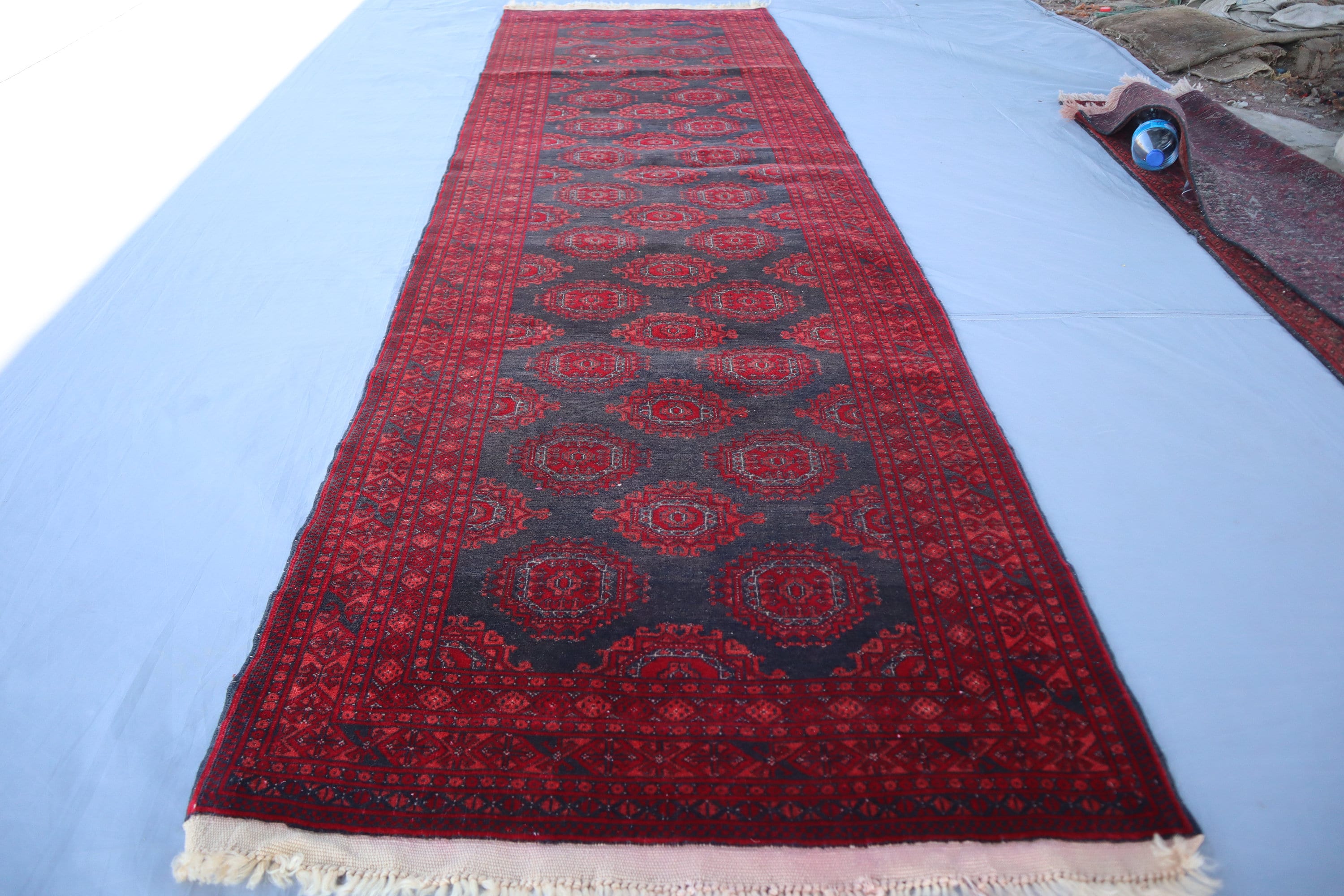 ヴィンテージ 9 フィート ランナー ラグ、アフガニスタン ハンドメイド