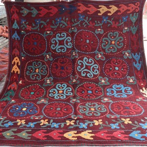 5x6 Vintage Suzani Rug, Handmade Suzani Kilim, Wall decor, Floral Geometric design Suzani Rug, Textile Suzani, Flatweave Uzbek Suzani Carpet