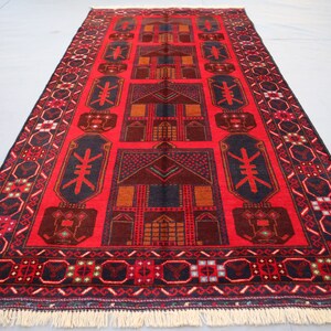 3&#39;7x7&#39;1 ft Afghan Vintage Baluch Rug Tribal Hand Knotted veg dyes Wool Geometric Rug, Oriental Rug, Red Orange Antique Area Rug, Bedroom Rug