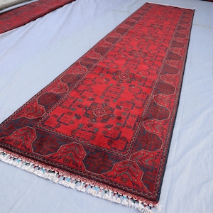 Red 13 Ft Long Runner Rug, Turkmen Bukhara Rug, Afghan Handmade Wool Rug Khal Mohammedi Oriental Afghan Rug, 3x13 Kitchen Hallway Runner Rug