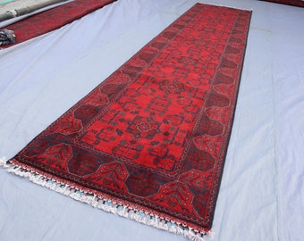 Red 13 Ft Long Runner Rug, Turkmen Bukhara Rug, Afghan Handmade Wool Rug Khal Mohammedi Oriental Afghan Rug, 3x13 Kitchen Hallway Runner Rug
