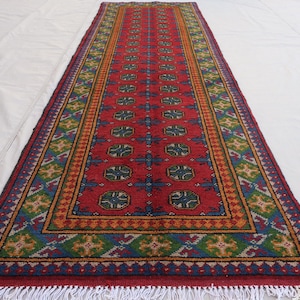 2&#39;7x9&#39;6 ft Red Runner rug, Afghan Traditional Hand Knotted veg dyes Plush Wool Rug, Oriental Turkmen Rug, Hallway Runner Rug, Kitchen Runner