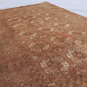 1920s Antique Brown Rug 4x7 ft Afghan Bukhara Rug, Low Pile Handmade Wool Rug, Oriental Faded Rug, Turkmen Tribal Area Rug for Living Room image 10