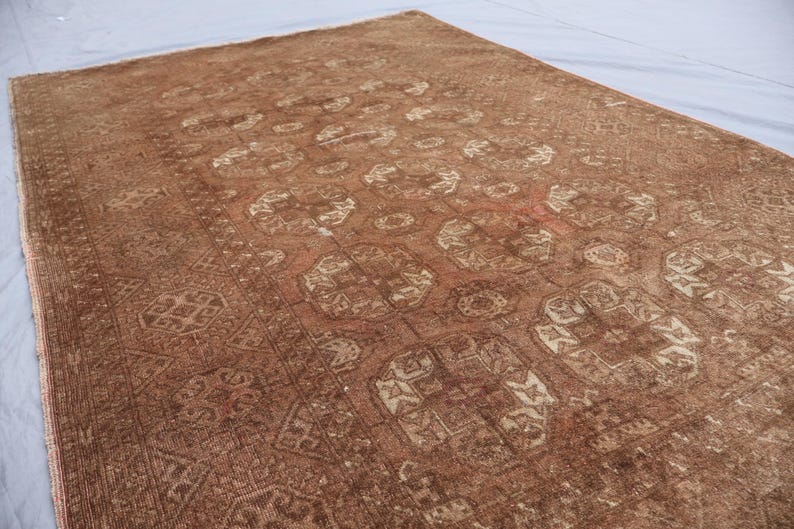 1920s Antique Brown Rug 4x7 ft Afghan Bukhara Rug, Low Pile Handmade Wool Rug, Oriental Faded Rug, Turkmen Tribal Area Rug for Living Room image 10
