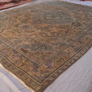 Large Antique Rug 10x13 Terracotta Bidjar Area Rug, Handmade Wool Rug, Vintage Low Pile faded Rug, Medallion Oriental Rug, Living Room Rug