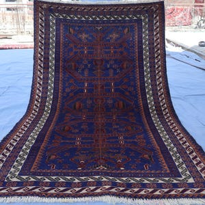 3&#39;7x6 ft Afghan Vintage Area Rug, Navy Blue Baluchi Geometric Rug, Handmade Wool Rug, Oriental Rug, One of a kind Rug, Bedroom, Kitchen Rug