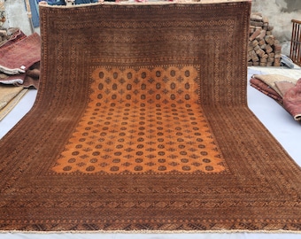 8x11 Terracotta Vintage faded Hand Knotted low Pile wool rug, Tribal Geometric Caucasian Bukhara Rug, Oriental Antique Rug, Living Room Rug