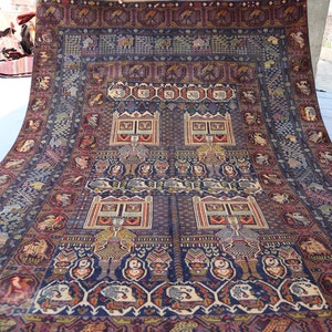 7x10 Collectors Piece Large Pictorial Area Rug, High Pile Wool Afghan Handmade Antique Rug, One of a kind Rug, Birds Animal Art deco Carpet