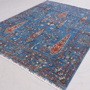 Blue Pictorial Rug 5x7 Afghan Hand Knotted Tribal Wool Rug, Birds Tree of life Rug, Natural Veg dyes Rug, Kids Room Rug, 150x200 cm Area Rug