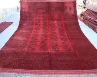 9x12 Large Vintage Rug, Afghan Ersari Bukhara Rug, Turkmen Handmade Wool Red Tribal Rug, Oriental Antique Rug, Rug for Bedroom, Living Room