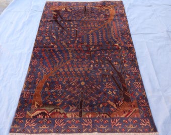 3&#39;8x6&#39;7 ft One of a Kind Pictorial rug, Handmade Soft Pile Wool Rug, Oriental Afghan Vintage Rug, Tree of life floral rug, Kids room Carpet