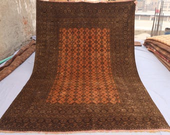 7x10 ft Terracotta Antique Turkmen Bukhara Rug, Hand Knotted Wool Rug, Brown Afghan distressed Low Pile Faded rug, Bedroom, Living Room Rug