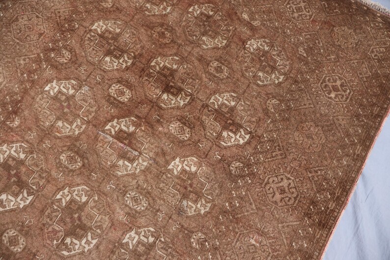 1920s Antique Brown Rug 4x7 ft Afghan Bukhara Rug, Low Pile Handmade Wool Rug, Oriental Faded Rug, Turkmen Tribal Area Rug for Living Room image 11