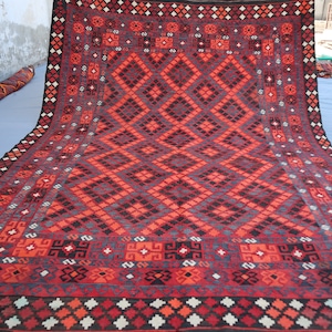 7x9&#39;5 ft Large Vintage Rug, Afghan Handmade Kilim Wool Area Rug, Handwoven Flatweave Boho Red Geometric Tribal Turkmen Rug, Bedroom Carpet