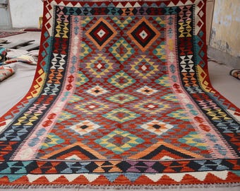 6x8 Geometric Flatweave Kilim Rug Afghan Handmade Wool Rug, Red Black Orange Pink Oriental Area Rug Living Room Rug Traditional Modern Rug