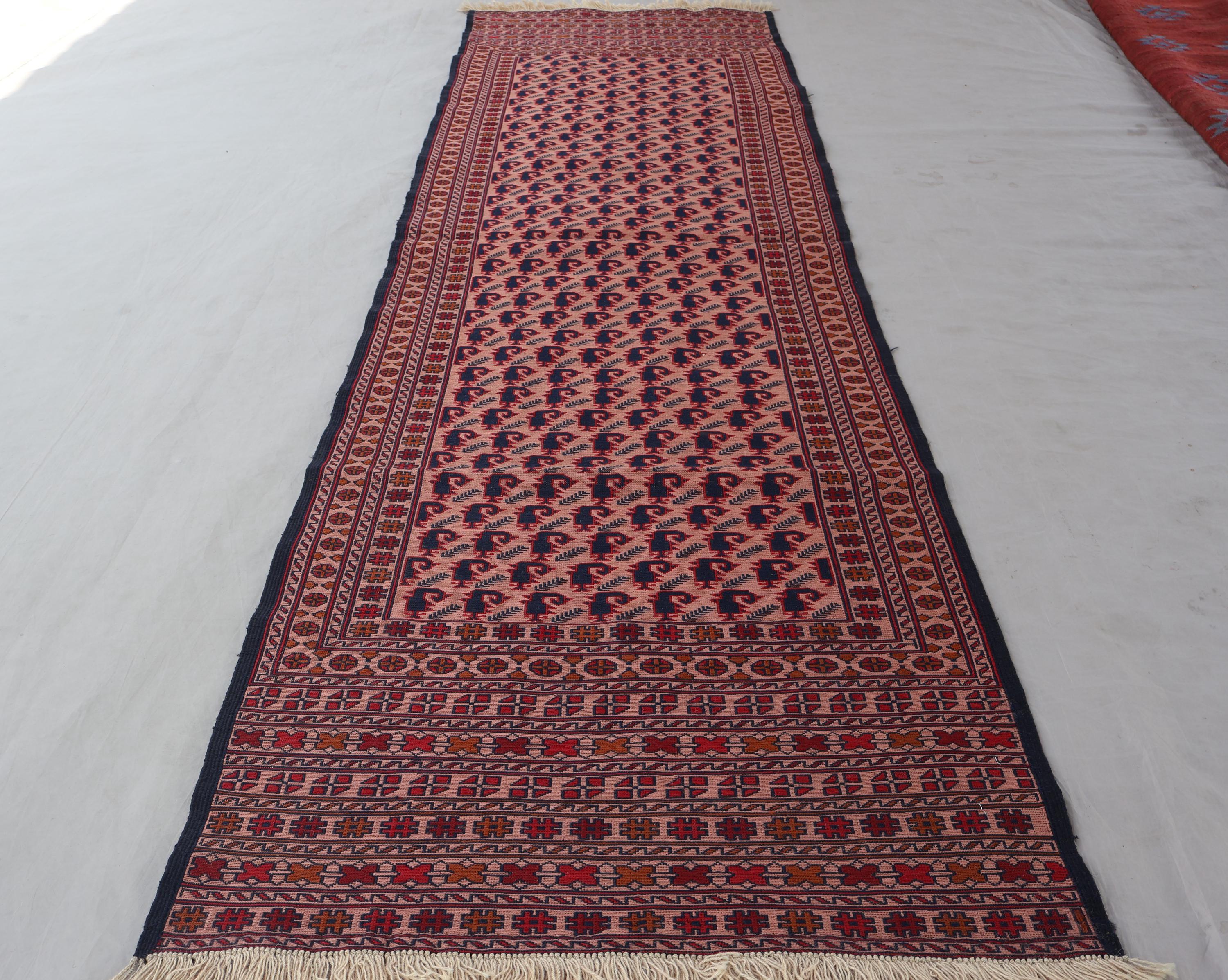 トライバルラグ　ヴィンテージラグ　アフガンラグ　キリム 2'7x9'2 ft アンティーク スマック ランナー ラグ、ハンドメイド